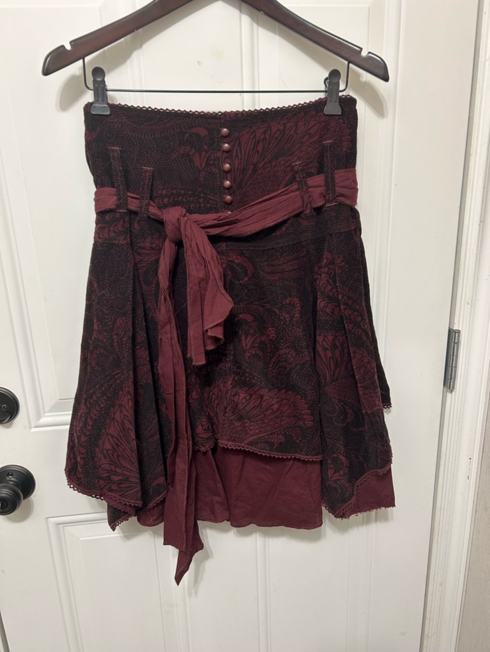 Bohemian Asymmetrical Maroon Printed Tie-Waist Skirt